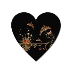 Wonderful Dolphins And Flowers, Golden Colors Heart Magnet