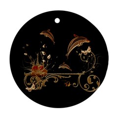 Wonderful Dolphins And Flowers, Golden Colors Round Ornament (Two Sides)