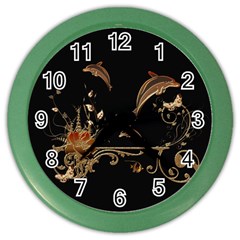 Wonderful Dolphins And Flowers, Golden Colors Color Wall Clocks