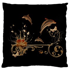 Wonderful Dolphins And Flowers, Golden Colors Large Cushion Case (One Side)