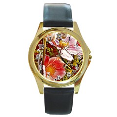 Flower Hostanamone Drawing Plant Round Gold Metal Watch by Celenk