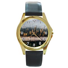 Trees Plants Nature Forests Lake Round Gold Metal Watch by Celenk