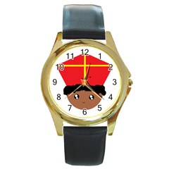 Cutieful Kids Art Funny Zwarte Piet Friend Of St  Nicholas Wearing His Miter Round Gold Metal Watch by yoursparklingshop