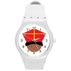 Cutieful Kids Art Funny Zwarte Piet Friend Of St  Nicholas Wearing His Miter Round Plastic Sport Watch (m) by yoursparklingshop