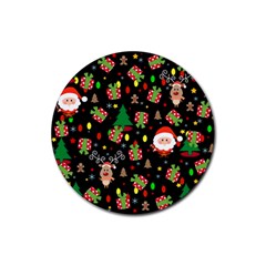 Santa And Rudolph Pattern Rubber Coaster (round)  by Valentinaart