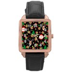 Santa and Rudolph pattern Rose Gold Leather Watch  Front