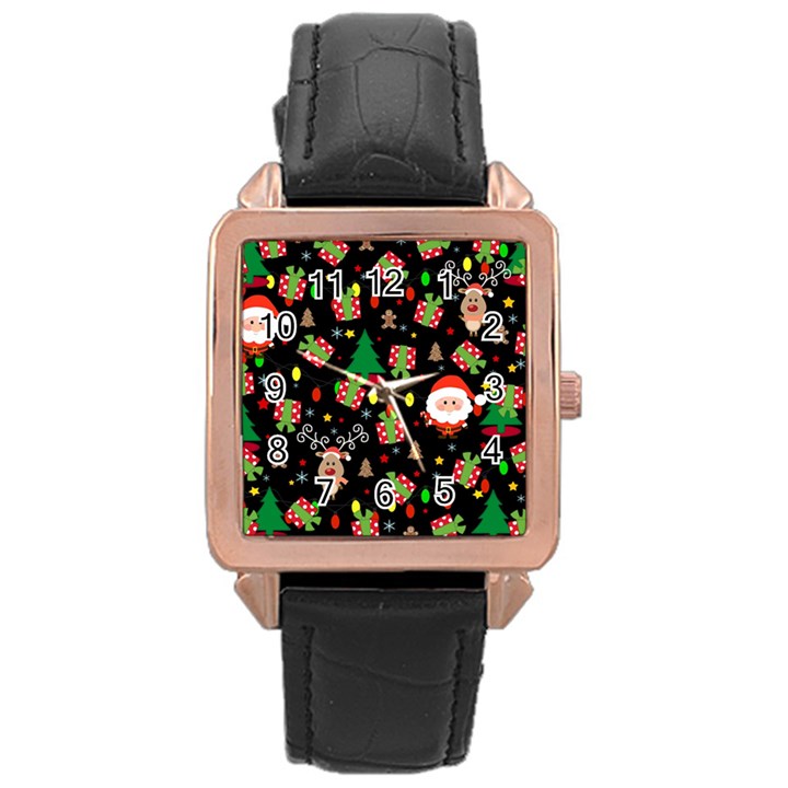 Santa and Rudolph pattern Rose Gold Leather Watch 