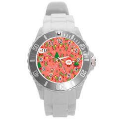 Santa And Rudolph Pattern Round Plastic Sport Watch (l) by Valentinaart