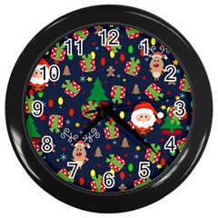 Santa And Rudolph Pattern Wall Clocks (black) by Valentinaart