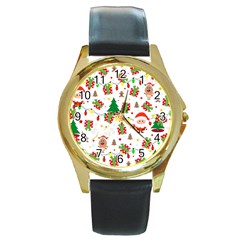 Santa And Rudolph Pattern Round Gold Metal Watch by Valentinaart