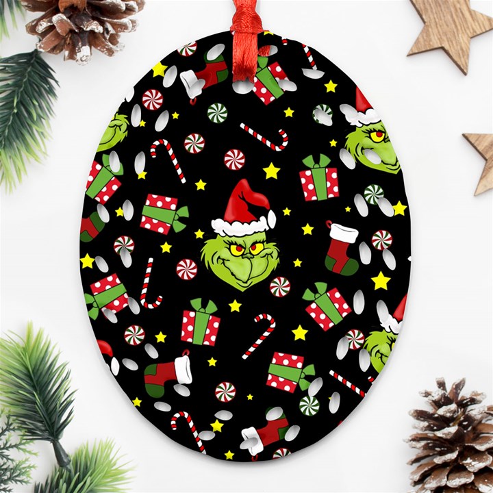 Grinch pattern Oval Filigree Ornament (Two Sides)