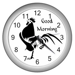 Black Rooster Crowing The Good Morning Alarm Wall Clocks (silver)  by WayfarerApothecary