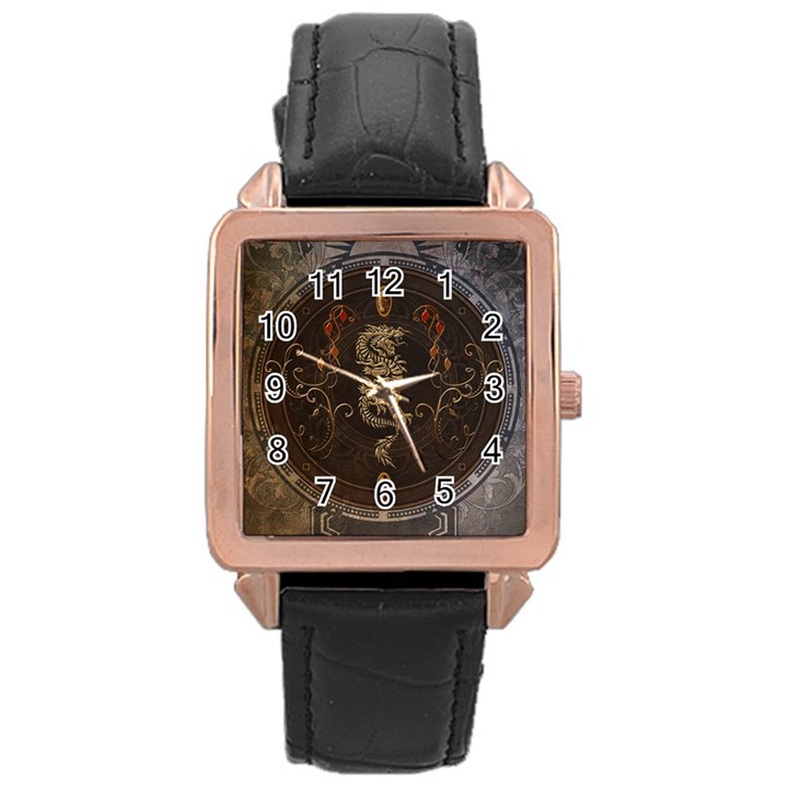 Golden Chinese Dragon On Vintage Background Rose Gold Leather Watch 