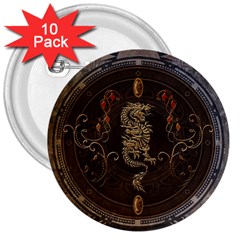 Golden Chinese Dragon On Vintage Background 3  Buttons (10 Pack)  by FantasyWorld7