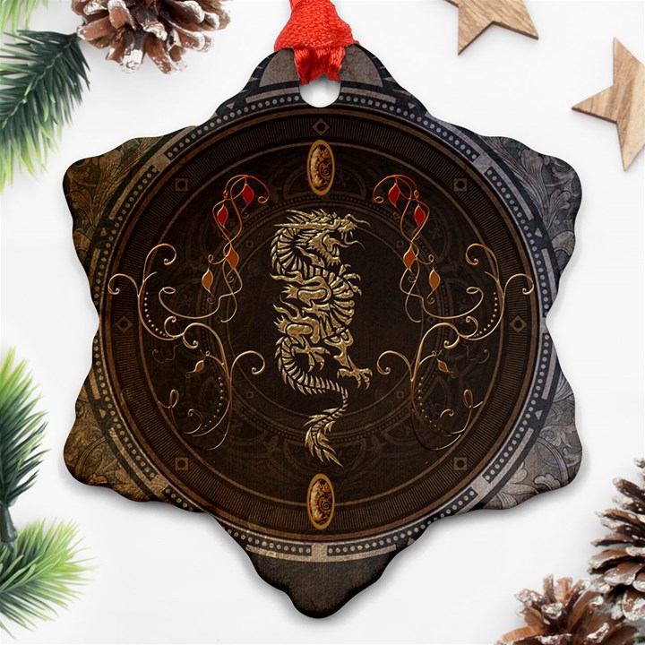 Golden Chinese Dragon On Vintage Background Snowflake Ornament (Two Sides)