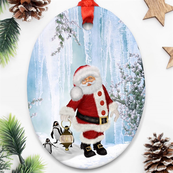 Santa Claus With Funny Penguin Ornament (Oval)