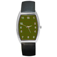 Large Red Christmas Hearts On Green Barrel Style Metal Watch by PodArtist