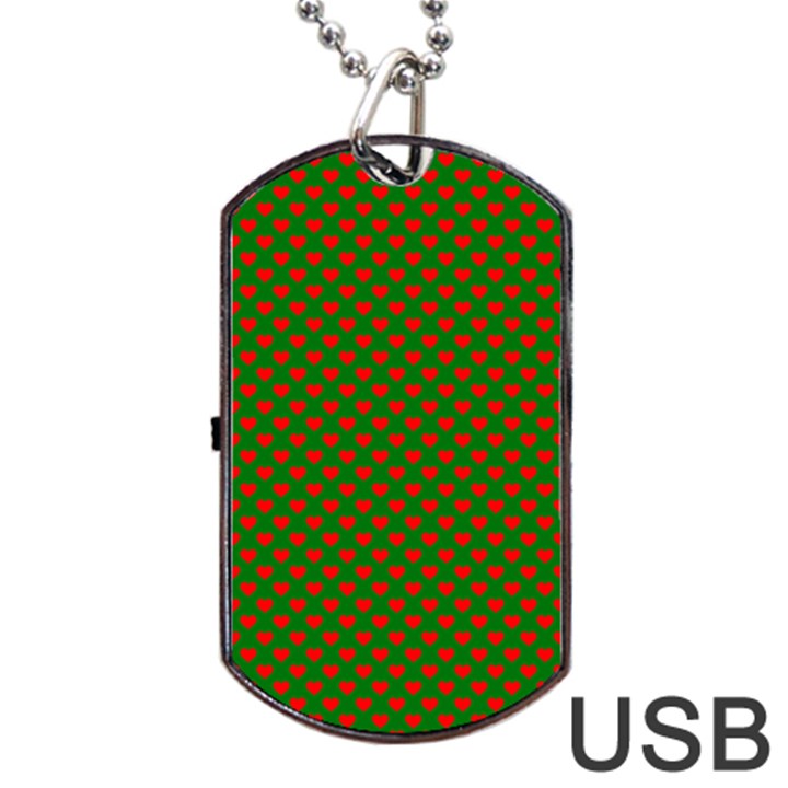 Large Red Christmas Hearts on Green Dog Tag USB Flash (Two Sides)