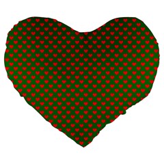 Large Red Christmas Hearts On Green Large 19  Premium Flano Heart Shape Cushions by PodArtist