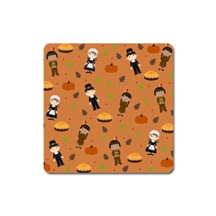 Pilgrims And Indians Pattern - Thanksgiving Square Magnet by Valentinaart