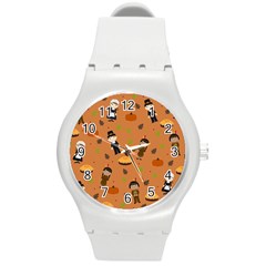 Pilgrims And Indians Pattern - Thanksgiving Round Plastic Sport Watch (m) by Valentinaart