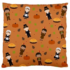 Pilgrims And Indians Pattern - Thanksgiving Large Flano Cushion Case (two Sides) by Valentinaart