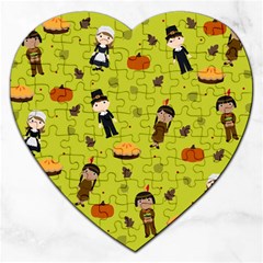 Pilgrims And Indians Pattern - Thanksgiving Jigsaw Puzzle (heart) by Valentinaart