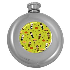 Pilgrims And Indians Pattern - Thanksgiving Round Hip Flask (5 Oz) by Valentinaart