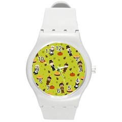 Pilgrims And Indians Pattern - Thanksgiving Round Plastic Sport Watch (m) by Valentinaart