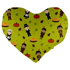 Pilgrims And Indians Pattern - Thanksgiving Large 19  Premium Flano Heart Shape Cushions by Valentinaart