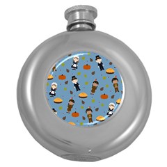 Pilgrims And Indians Pattern - Thanksgiving Round Hip Flask (5 Oz) by Valentinaart