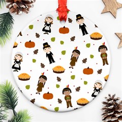 Pilgrims And Indians Pattern - Thanksgiving Round Ornament (two Sides) by Valentinaart