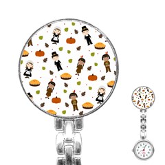 Pilgrims And Indians Pattern - Thanksgiving Stainless Steel Nurses Watch by Valentinaart