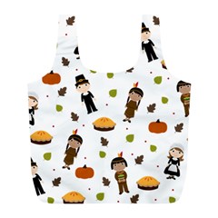 Pilgrims And Indians Pattern - Thanksgiving Full Print Recycle Bags (l)  by Valentinaart