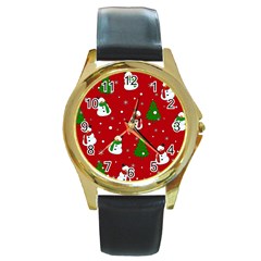 Snowman Pattern Round Gold Metal Watch by Valentinaart