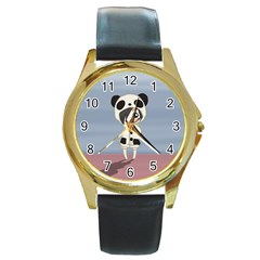 Kawaii Panda Girl Round Gold Metal Watch by Valentinaart