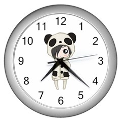 Kawaii Panda Girl Wall Clocks (silver)  by Valentinaart