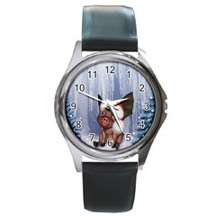 Christmas, Cute Little Piglet With Christmas Hat Round Metal Watch