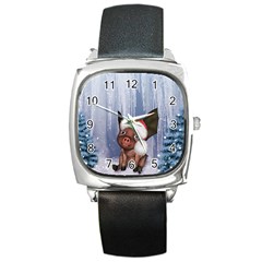 Christmas, Cute Little Piglet With Christmas Hat Square Metal Watch