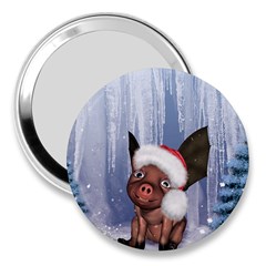 Christmas, Cute Little Piglet With Christmas Hat 3  Handbag Mirrors by FantasyWorld7