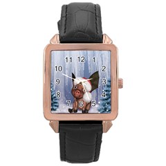 Christmas, Cute Little Piglet With Christmas Hat Rose Gold Leather Watch 