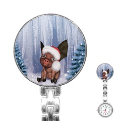 Christmas, Cute Little Piglet With Christmas Hat Stainless Steel Nurses Watch