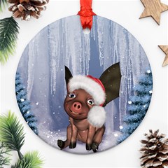 Christmas, Cute Little Piglet With Christmas Hat Ornament (Round)