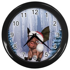 Christmas, Cute Little Piglet With Christmas Hat Wall Clocks (Black)