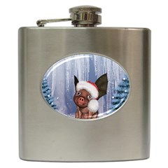 Christmas, Cute Little Piglet With Christmas Hat Hip Flask (6 Oz) by FantasyWorld7