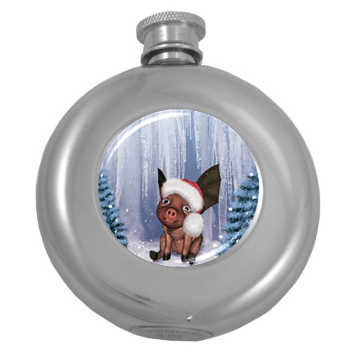 Christmas, Cute Little Piglet With Christmas Hat Round Hip Flask (5 oz)