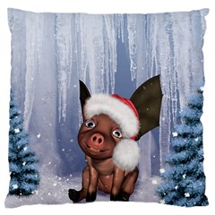 Christmas, Cute Little Piglet With Christmas Hat Large Cushion Case (two Sides) by FantasyWorld7