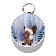 Christmas, Cute Little Piglet With Christmas Hat Mini Silver Compasses