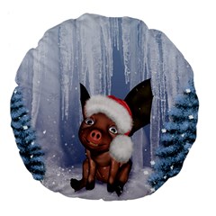 Christmas, Cute Little Piglet With Christmas Hat Large 18  Premium Flano Round Cushions by FantasyWorld7