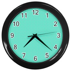 White Polkadot Hearts On Tiffany Aqua Blue  Wall Clocks (black) by PodArtist